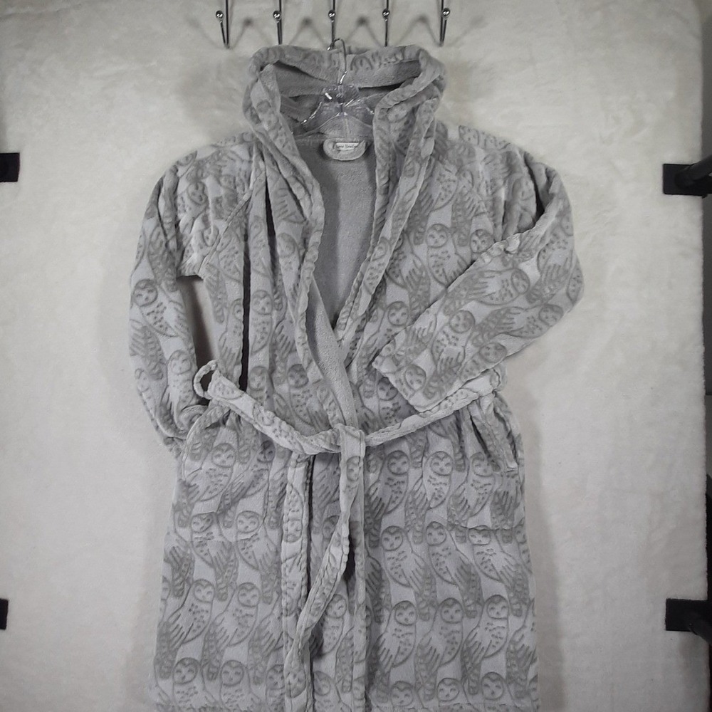 Vera Bradley Gray Owl Plush Fleece Hooded Robe‎ S/M Loungewear Pockets Tie Waist